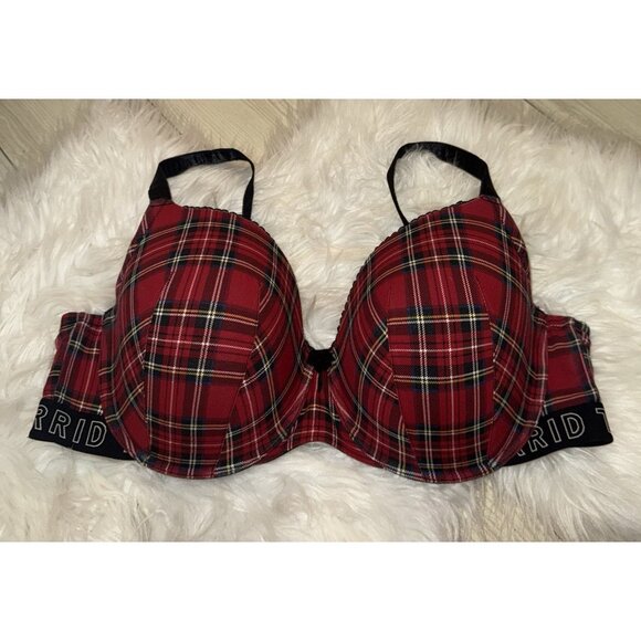 Torrid Curve Logo Red Plaid Cotton Lightly Lined T-Shirt Bra UW Womens 44D - Picture 3 of 8